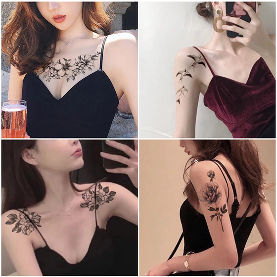 Black and elegant flower tattoo stickers women's waterproof and durable chest ankle collarbone simulation tattoo stickers 12 pieces