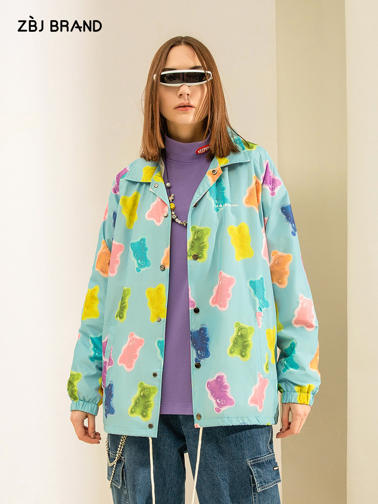 ZBJ bear gummy printed jacket 2019 new autumn national tide jacket men's and women's loose jacket casual top