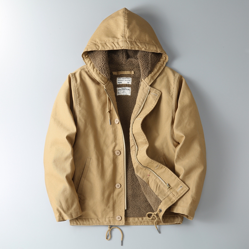 Winter Tank-Style Retro Workwear Cotton Jacket, Sea N1 Deck Jacket, Hooded Fleece-Lined Thickened Cotton Coat, Men's Lamb Wool Jacket