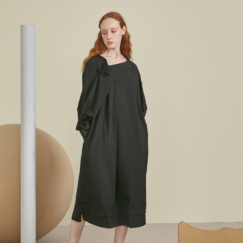 DIDDI MODA Original Designers Folds Lace Foreign Dress Black Loose Medium Long Dress 2021 Fall New