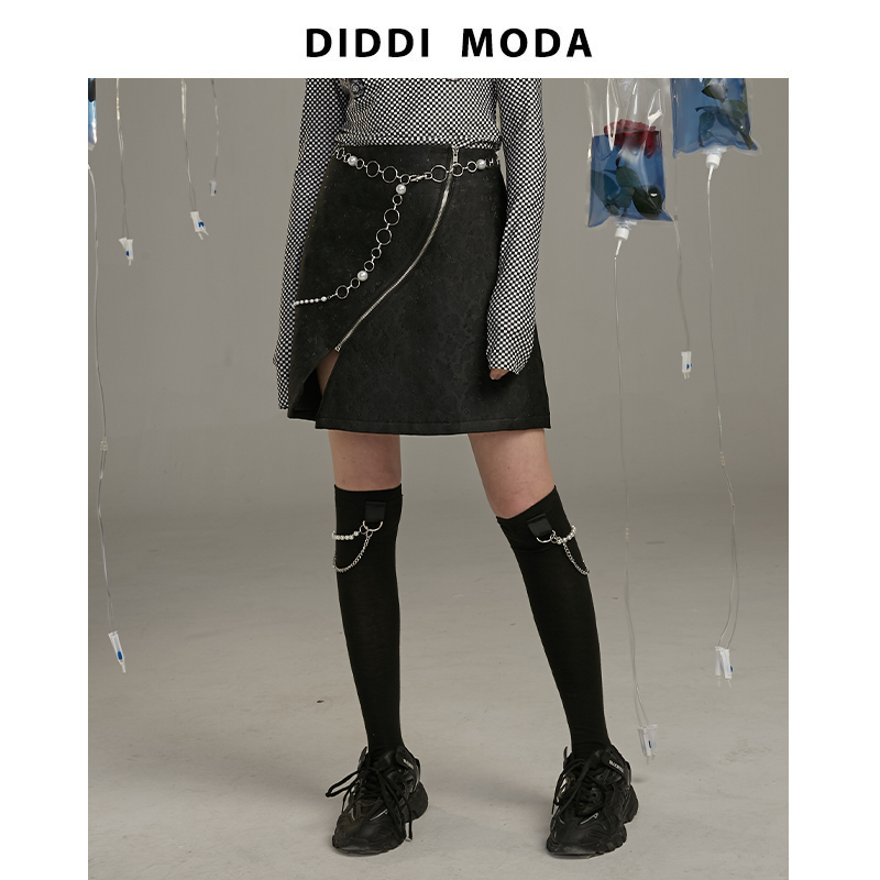 DIDDI MODA Original design 2021 autumn and winter plaid half body skirt high waist retro A character pull chain wrap hip short skirt