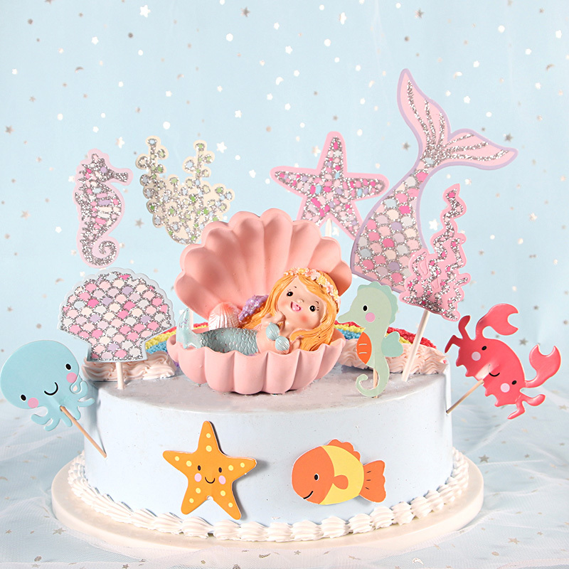 Summer ocean wind shiny fishtail starfish scallop mermaid ocean cake decoration card decoration plug-in
