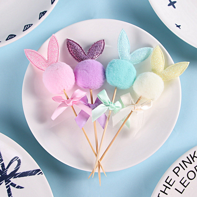 5 sets of plush balls, plush balls, plush bunny ears, pink girl heart cake decoration, card dessert table