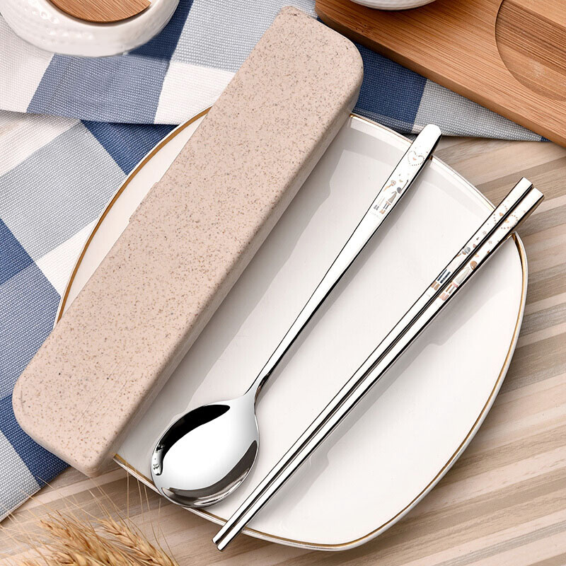 Couples custom portable travel tableware set 304 stainless steel spoon chopsticks and fork 3-piece set student adult household Korean style