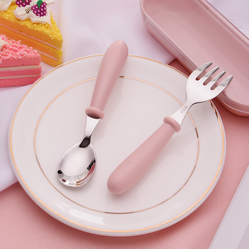 Infant Meal Spoon 304 Stainless Steel Fork Spoon Suit Baby Learn Eating Cartoon Fork Spoon Children Cutlery