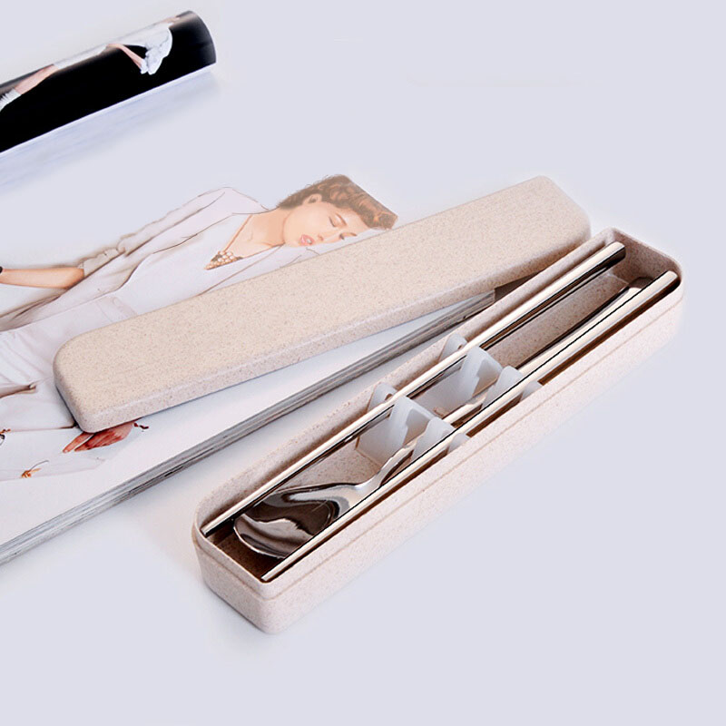 Chopsticks spoon set 304 stainless steel tableware three-piece set Student adult travel portable tableware box