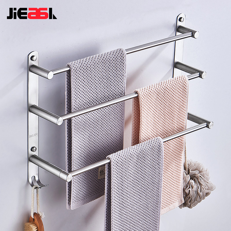 Punch-free 304 stainless steel bathroom wool towel rack three layers Makeup Room Multilayer Hanging Rod Creative Bathroom Towel Rod