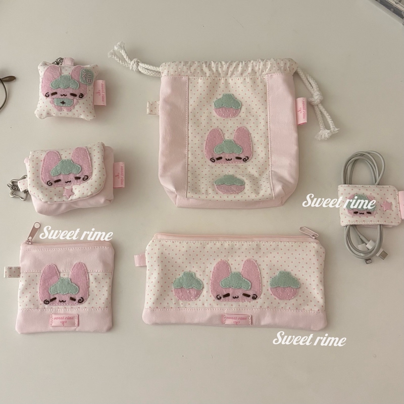 【Sweet Rime】 (Strawberry Rabbit Series) Coin Purse Data Cable Storage Pencil Case Earphone Bag Drawstring Bag