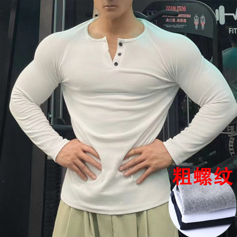 Henry Shirt American-Style Ribbed Cotton Vintage Long-Sleeve Amekaji Men's Raglan Fitness Henley Collar T-Shirt Sports