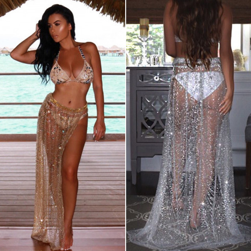 Beach Cover-Up Skirt Women's Slit Tie Transparent Glitter Sequin Gold Silver Hip-Hop Dance Performance Long Skirt