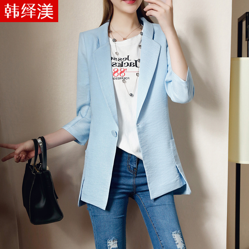 Spring and summer new small suit seven-point sleeve suit jacket women's long version Korean slim cotton linen Joker thin coat