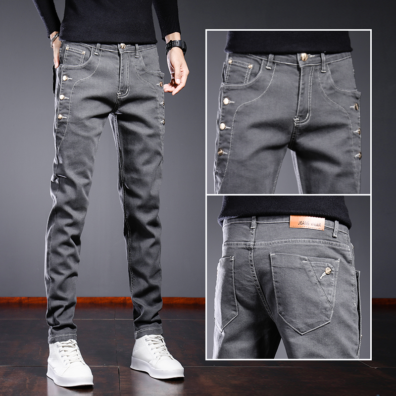 Hong Kong 2022 springtime jeans Men's boomers Body Small Feet Korean version Fashion personality Elastic High-end Long Pants Spring Autumn