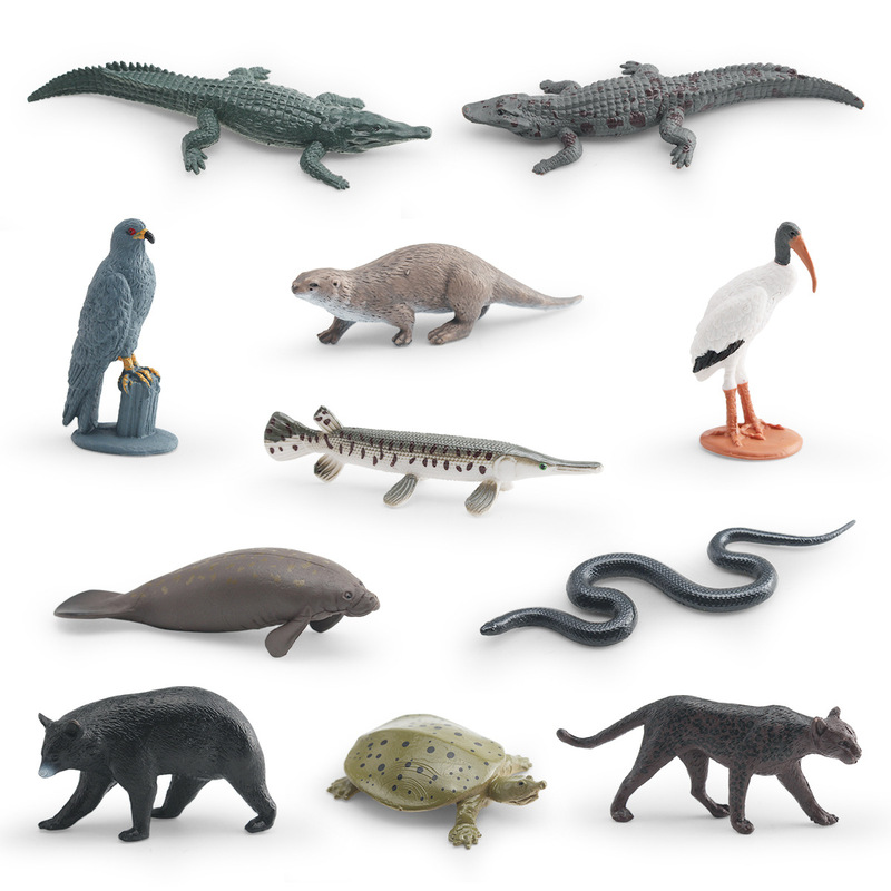 Simulated Swamp Animal Models for Children to Learn About: Manatele, Otter, Black Panther, Stingray, Crocodile, Black Bear Figurines Toys