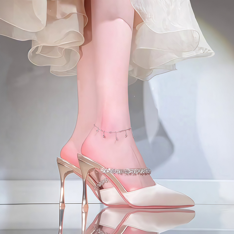 2026 New Summer Pointed-Toe White Stiletto High-Heeled Women's Slippers, Closed-Toe, Backless, Rhinestone Strap Sandals
