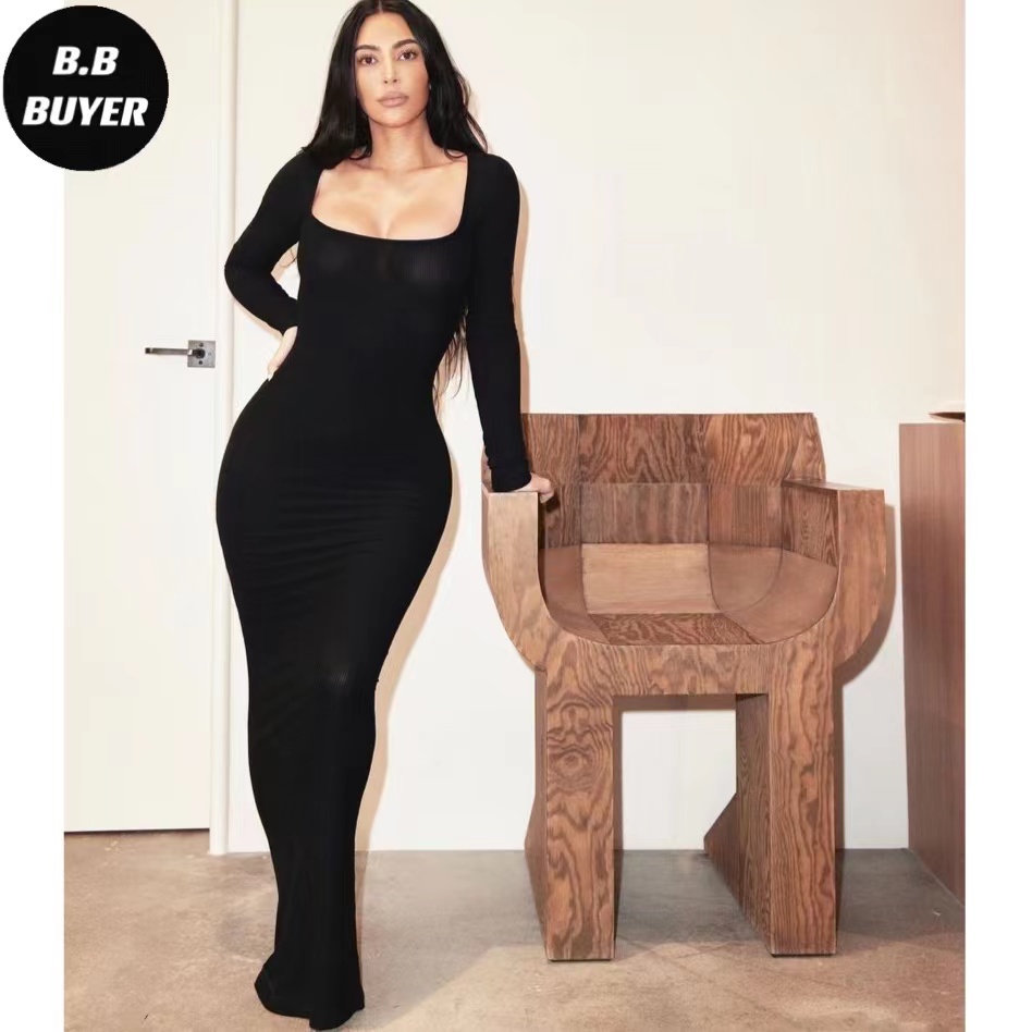 Spot kardashian skims generous collar long sleeve elastic one-piece dress SOFT LOUNGE-Taobao