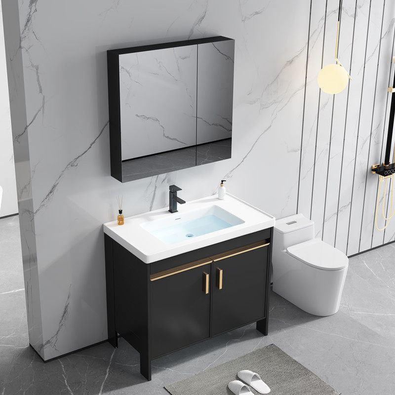 Black Space Aluminum Bath Room Cabinet Combo Wash Basin Makeup Room Wash Terrace Ceramic Washbasin Floor Cabinet Small Family