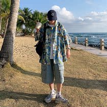 Hawaii Beach Flower Shirt Short Sleeve Male Loose Big Code Port Wind Retro Yuppie Handsome Couple Ice Silk Shirt Jacket Man