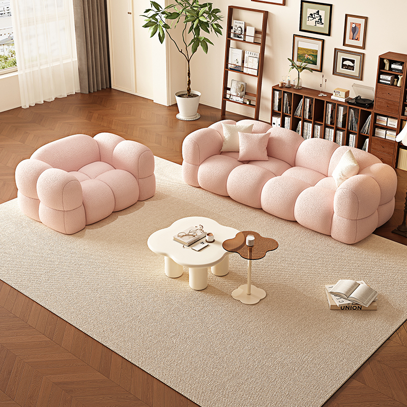 Cream-Colored Straight-Line Marshmallow Sofa for Living Room, Small Apartment, Bedroom, Clothing Store, Pink Double Cat Paw Leather Small Sofa