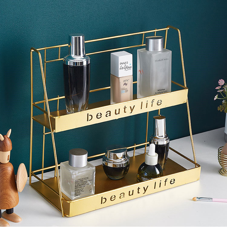 Nordic wrought iron desktop double-layer rack cosmetic storage rack hanging wall-free punching dormitory powder room wall pendant