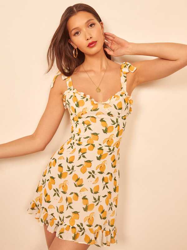 Emulate Summer Lemon Print French Niche Spaghetti Strap Dress Chiffon Sweet Platycodon Short Dress Slimming