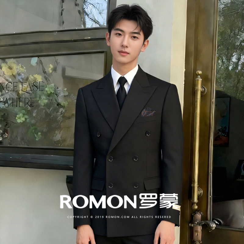 Romon Mature Groom Suit Set, Workplace Commuting Slim-Fit Business Formal Double-Breasted Suit for Men, New Model for Interviews