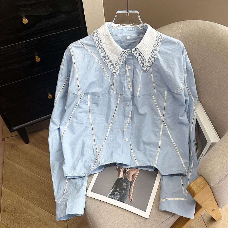 Korean Style Fashion Heavy-Duty Hollow-Out Decorative Blue Lace Patchwork Shirt for Women, Long-Sleeved, Turn-Down Collar, Loose Cotton Top, Trendy Korean Style Fashion Heavy-Duty Hollow-Out Decorative Blue Lace Patchwork Shirt for Women, Long-Sleeved, Turn-Down Collar, Loose Cotton Top, Trendy
