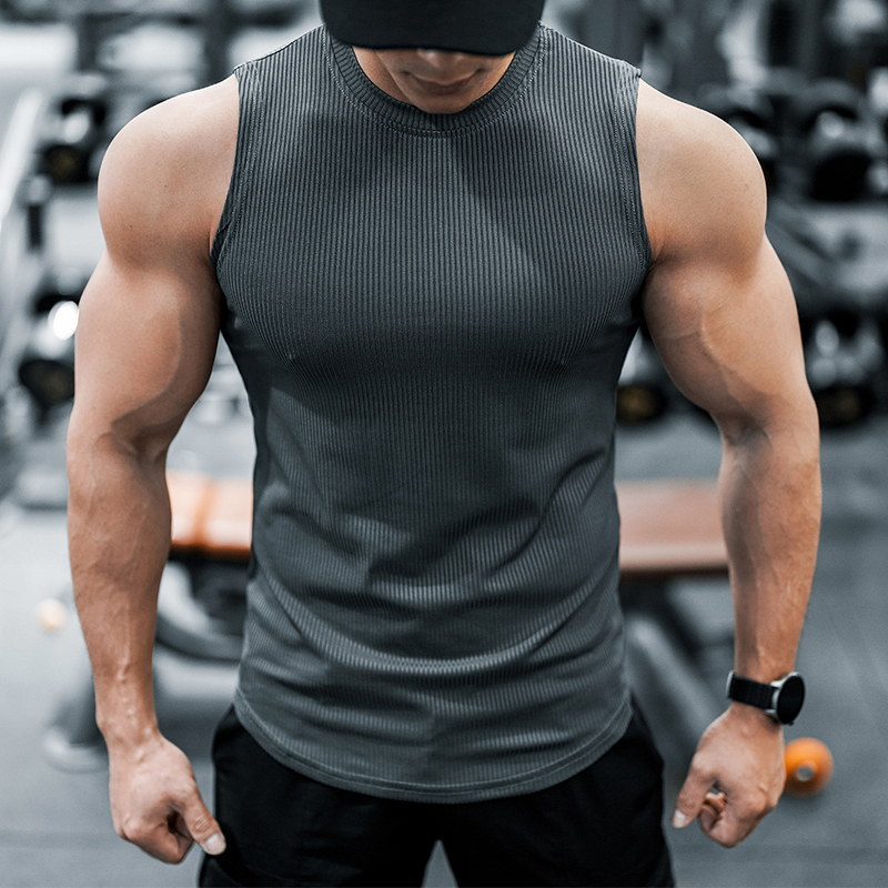 Threaded Sleeveless Vest with Curved Hem, Fitness Slim-Fit Sweat Vest, Round Neck, Solid Color, Muscle Men's Sports Sweatshirt, Elastic
