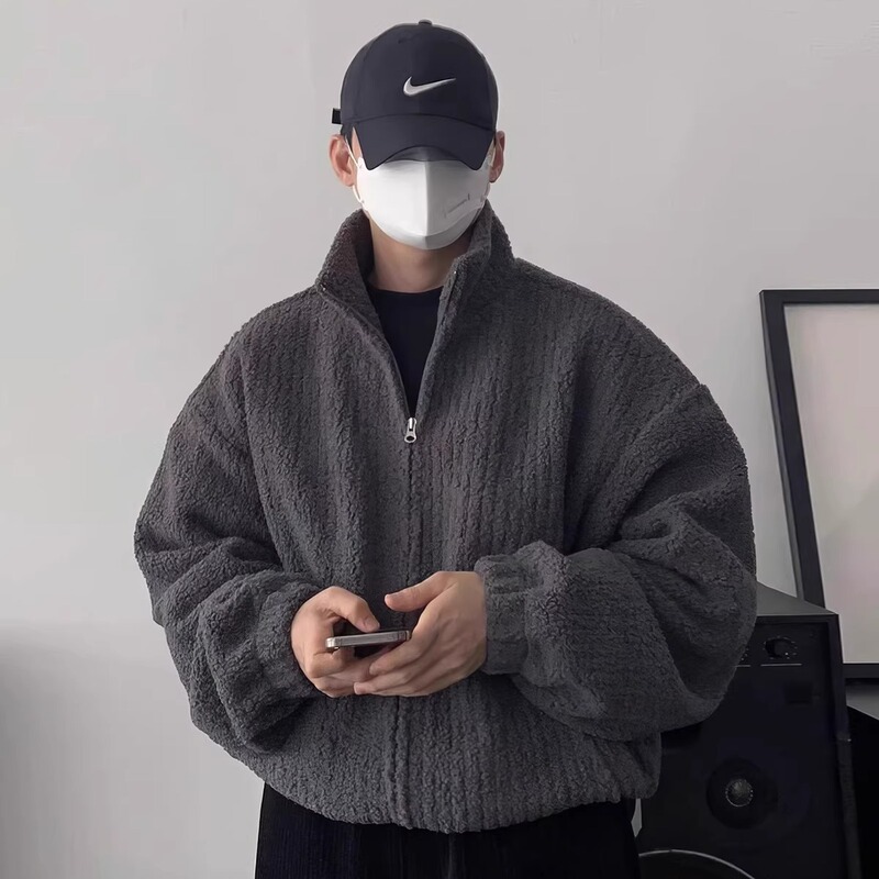 Korean Style Autumn and Winter Corduroy Loose Cotton Jacket for Men with Zipper, Thickened Fitness Plush Short Jacket, Warm Coat Korean Style Autumn and Winter Corduroy Loose Cotton Jacket for Men with Zipper, Thickened Fitness Plush Short Jacket, Warm Coat