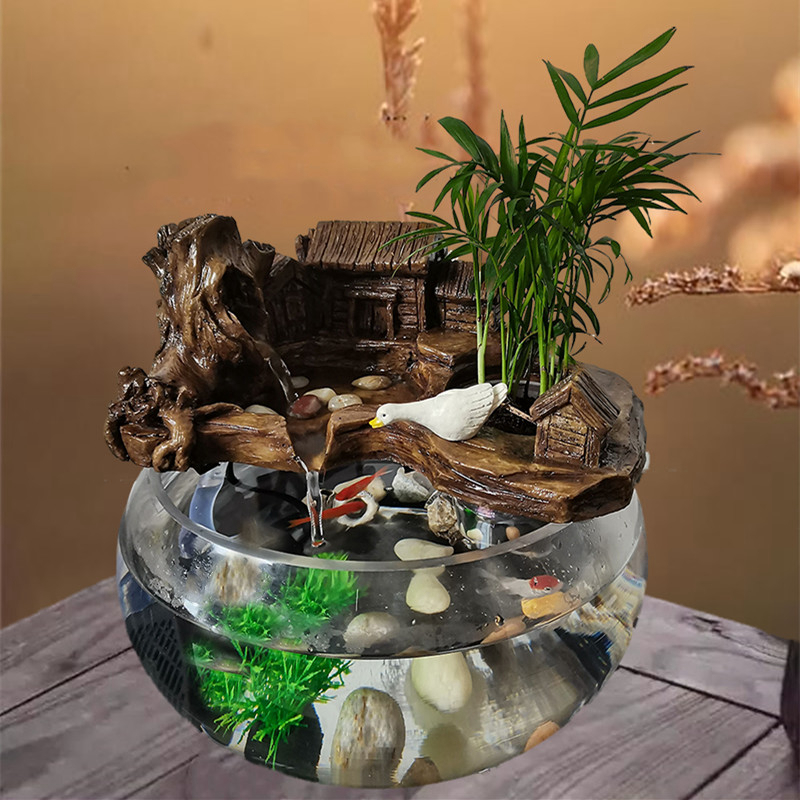 Fish tank living room small home new balcony desktop round glass goldfish tank creative self-circulating water landscaping