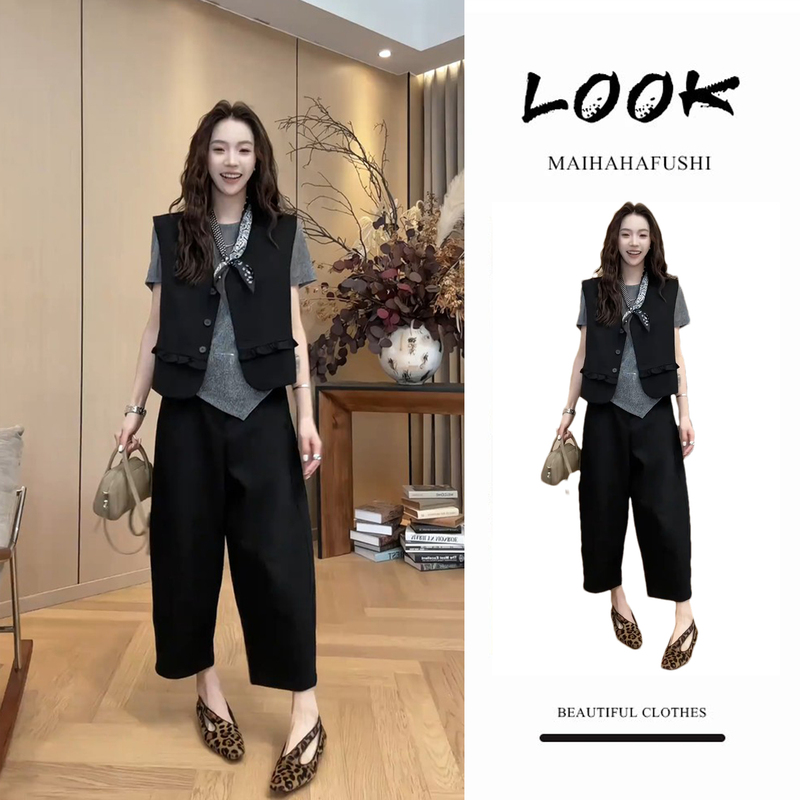 2026 Summer New Korean Fashion Set for Women: Irregular Shoulder Top, Ruffled Blazer Vest, Casual Pants