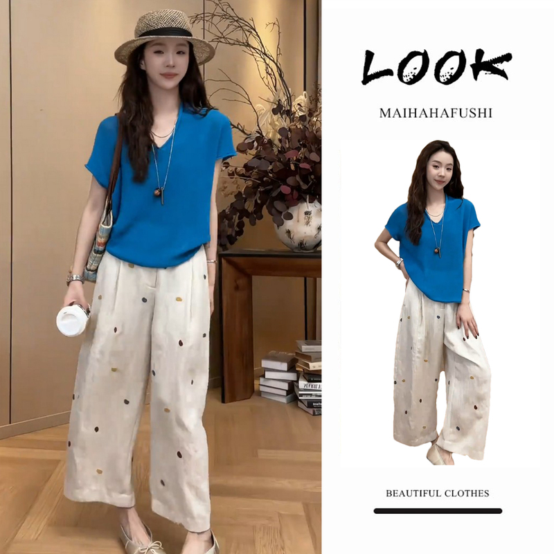 Casual and Breathable Summer Outfit for Women, Fashionable and Youthful, Short-Sleeved Knit Top with Polka Dot Wide-Leg Pants Casual and Breathable Summer Outfit for Women, Fashionable and Youthful, Short-Sleeved Knit Top with Polka Dot Wide-Leg Pants