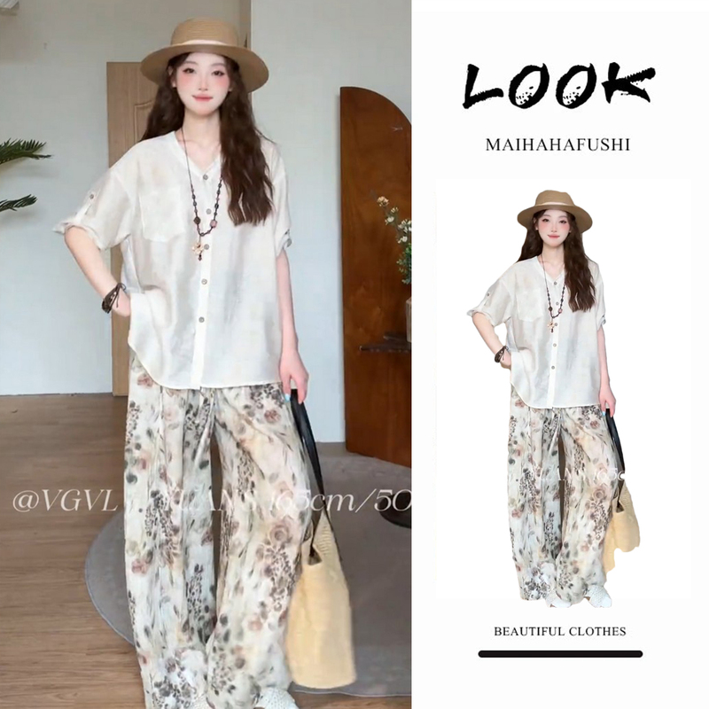Lazy Style Relaxed Suit for Women, Summer Retro V-Neck Lace Short-Sleeved Shirt Cardigan, Slimming Printed Wide-Leg Pants Lazy Style Relaxed Suit for Women, Summer Retro V-Neck Lace Short-Sleeved Shirt Cardigan, Slimming Printed Wide-Leg Pants
