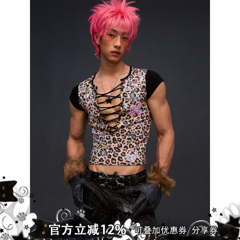 Cfierce Leopard Print Sticker Print Strappy T-Shirt Cfierce Leopard Print Sticker Print Strappy T-Shirt