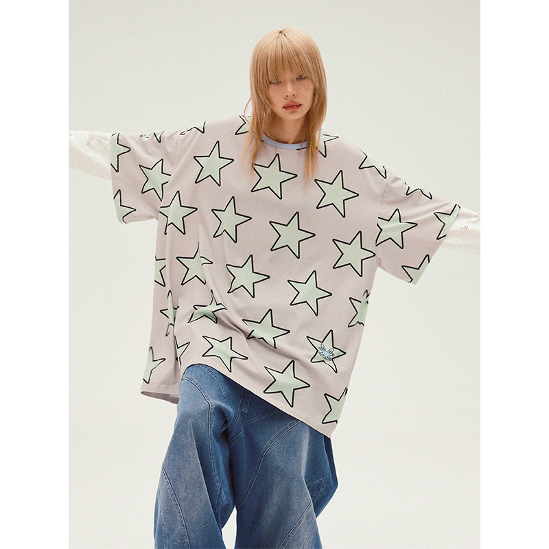 Cfierce Five-Pointed Star Print Oversized T-Shirt
