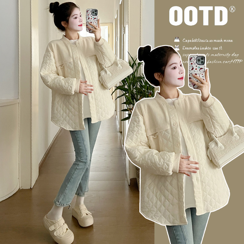 Pregnant woman autumn winter blouses jacket cotton clothes 2023 new foreign air display slim and light warm blouse white slapped bottom suit-Taobao
