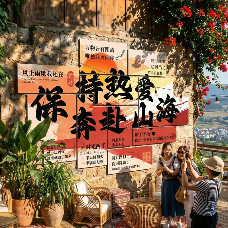 2026 Graffiti Internet Celebrity Photo Wall Stickers for Homestay Photo Zones, Outdoor Waterproof 3D Ancient Village Decorative Wall Decals