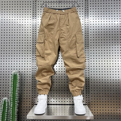 Spring and autumn ruffian handsome casual overalls men's net red trendy brand loose trousers with bunched feet khaki pocket small feet harem pants