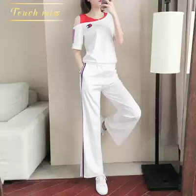 TOUCH MISS light luxury brand leisure sports suit female xiyangpai road shoulder short sleeve wide leg pants two-piece set