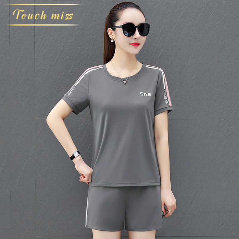 TOUCH MISS Light Luxury Brand Leisure Sports Suit Women's Summer Slim Thin Fashion Short Sleeve Shorts Two-Piece Set