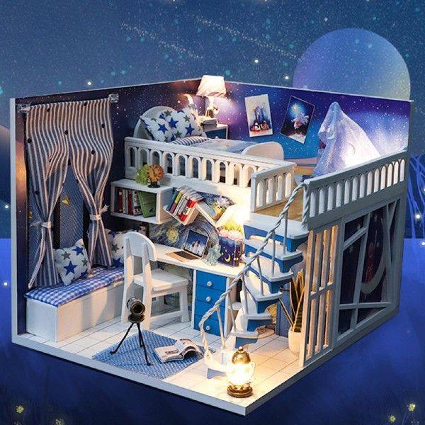 DIY Dollhouse LED Light Dust Proof Wood Craft Starry