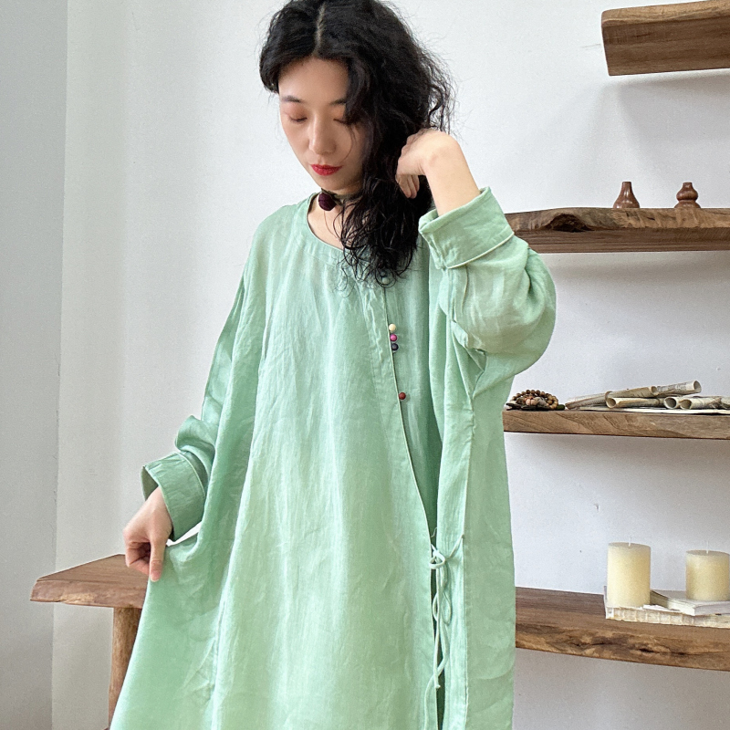 Spring Diagonal Collar Long-Sleeved Plus-Size Dress, Mid-Waist Adult Full-Sleeve Chinese-Style Comfortable Retro Loose Robe 9199