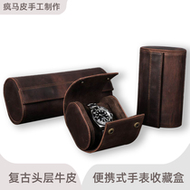 Retro Crazy Horse genuine cowhide travel portable anti-fall and dust-proof watch box watch case personalized custom logo