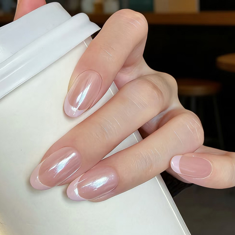 Handmade Haili Pink French Manicure Press-On Nails, Short Style, 2026 New Model, Super Popular, High-End Feel, Short Oval Shape, Brightening Effect
