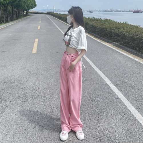 Розовые джинсы, летние тонкие штаны, свободный прямой крой, оверсайз, высокая талия