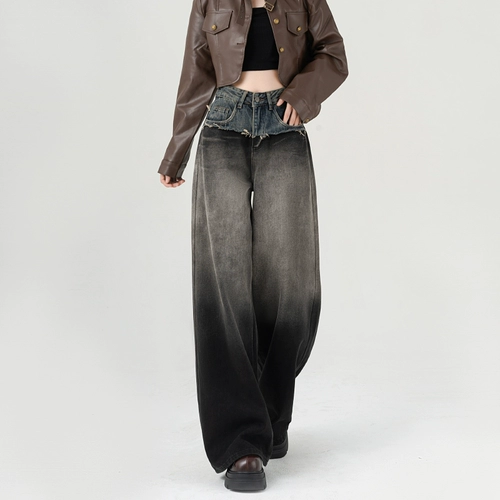 Цветные джинсовые осенние дизайнерские штаны, градиент, высокая талия, оверсайз, тренд сезона, свободный прямой крой