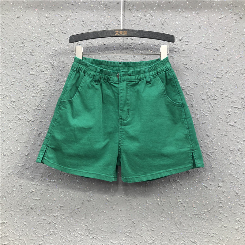 Summer casual green denim shorts women's 2022 new Hong Kong flavor elastic waist small slit wide-leg pants a-line hot pants