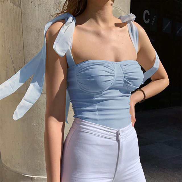 instahot European and American lace up sexy camisole ins new temperament pleated design hot girl wind top