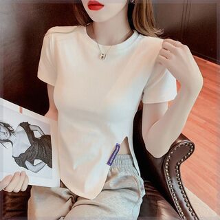 Irregular Short-Sleeved T-Shirt Base Shirt for Women, New Summer Style, Loose and Slimming, Pure and Desirable Design with Slit Top for Women