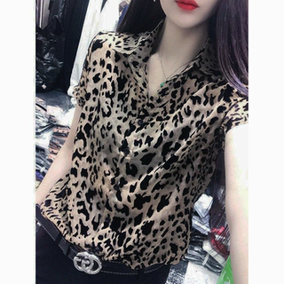 Fashionable Summer New Style Leopard Print Short-Sleeved Shirt for Women, Versatile and Stylish Top, Half-Sleeved Sun Protection Veil Mask