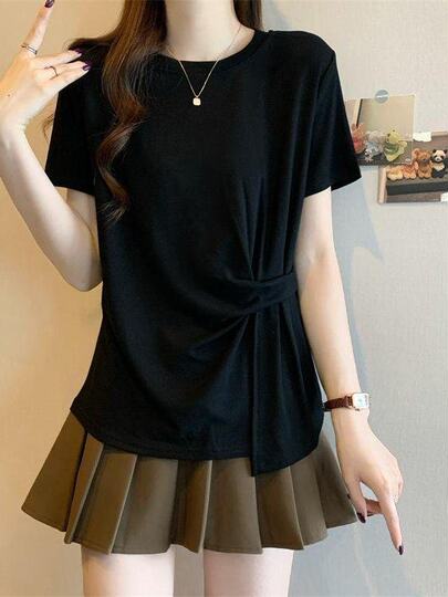 Plus Size Asymmetrical Design Short-Sleeved T-Shirt for Women Spring and Summer 2025 New Style Loose and Slimming Fashionable Outer Wear Two-Piece Set